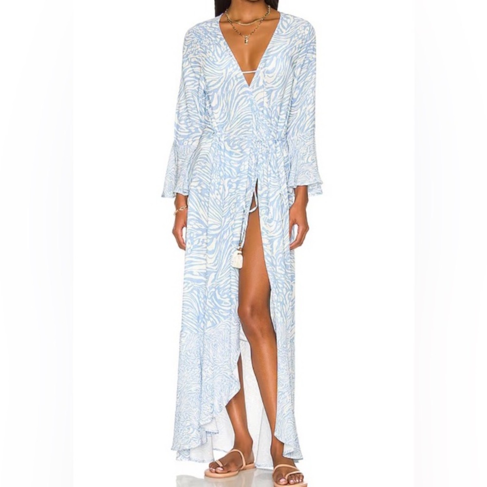 Maaji White Blue Animal Tiger Print Long Sleeve Maxi Kimono Dress Coverup - Picture 12 of 14